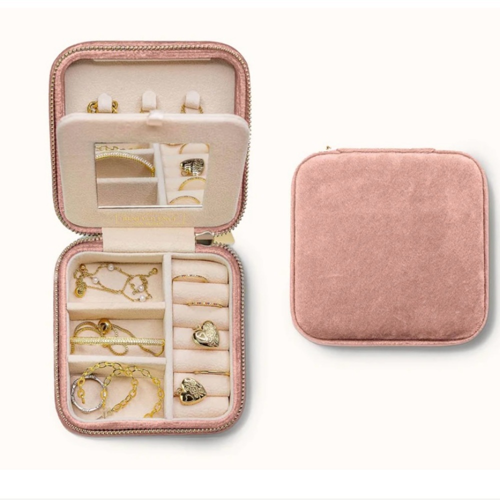 Pink Cosmetic Bag with Velvet Texture and Multiple Compartments